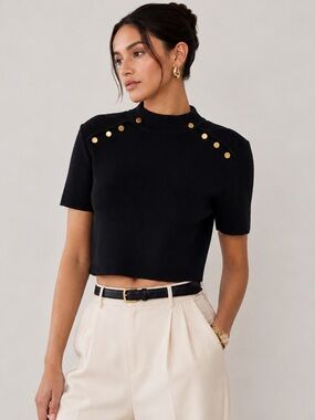 Zara Knit Black Cropped Top Gold Button Shoulder Detail Minimalist Chic Size L